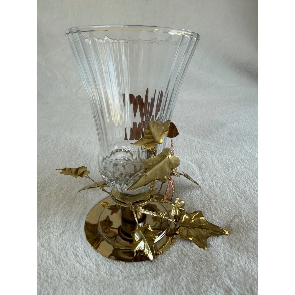 Vintage Homco Glass Candle Votive Sconce Copper Gold Leaves‎ Brass Base Fairy